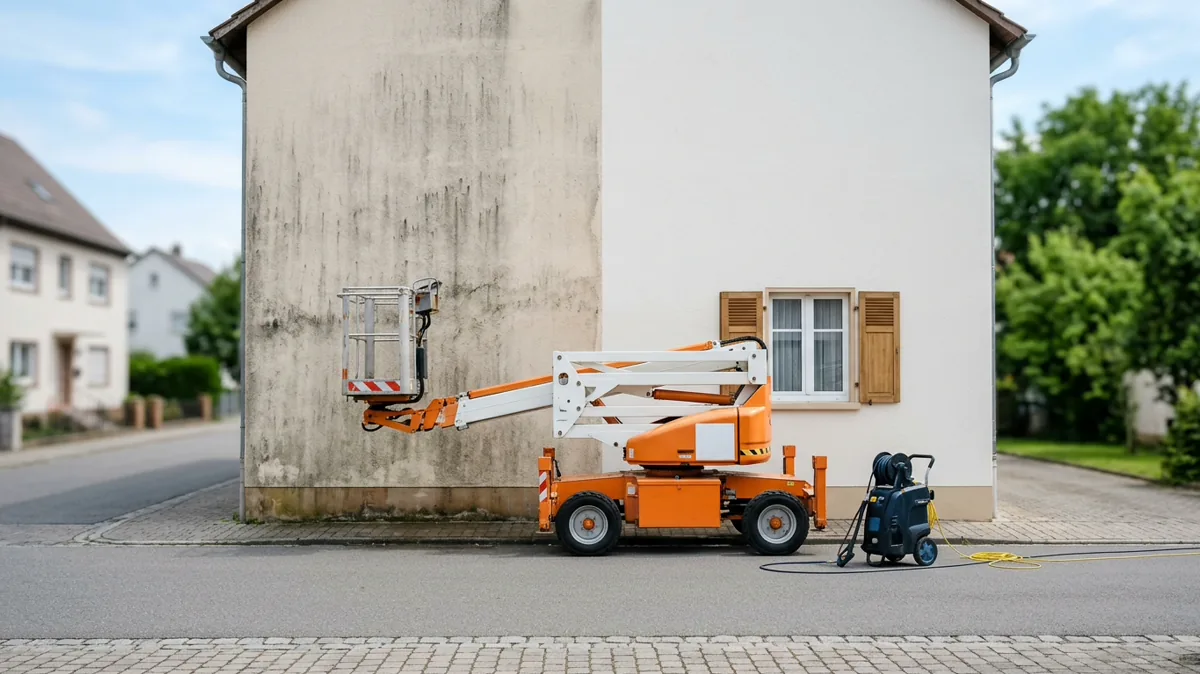 Hubbühne und Hochdruckreiniger vor einer teilweise gereinigten Hausfassade