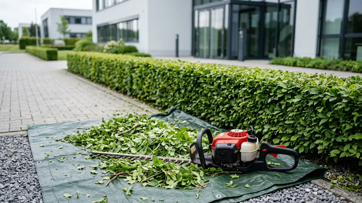 Frisch geschnittene Hecke am Firmengelände mit Heckenschere und Grünschnitt