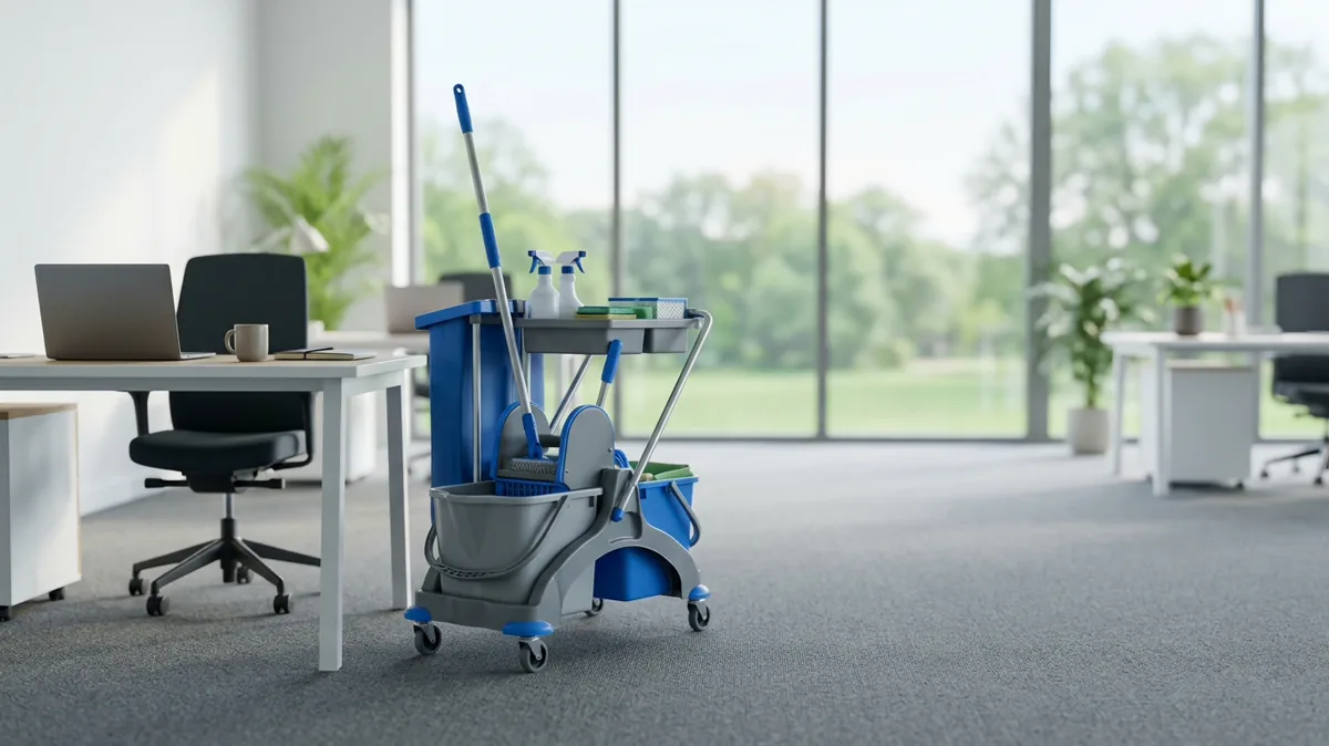 Aufgeräumtes Büro mit Reinigungswagen neben einem Schreibtisch