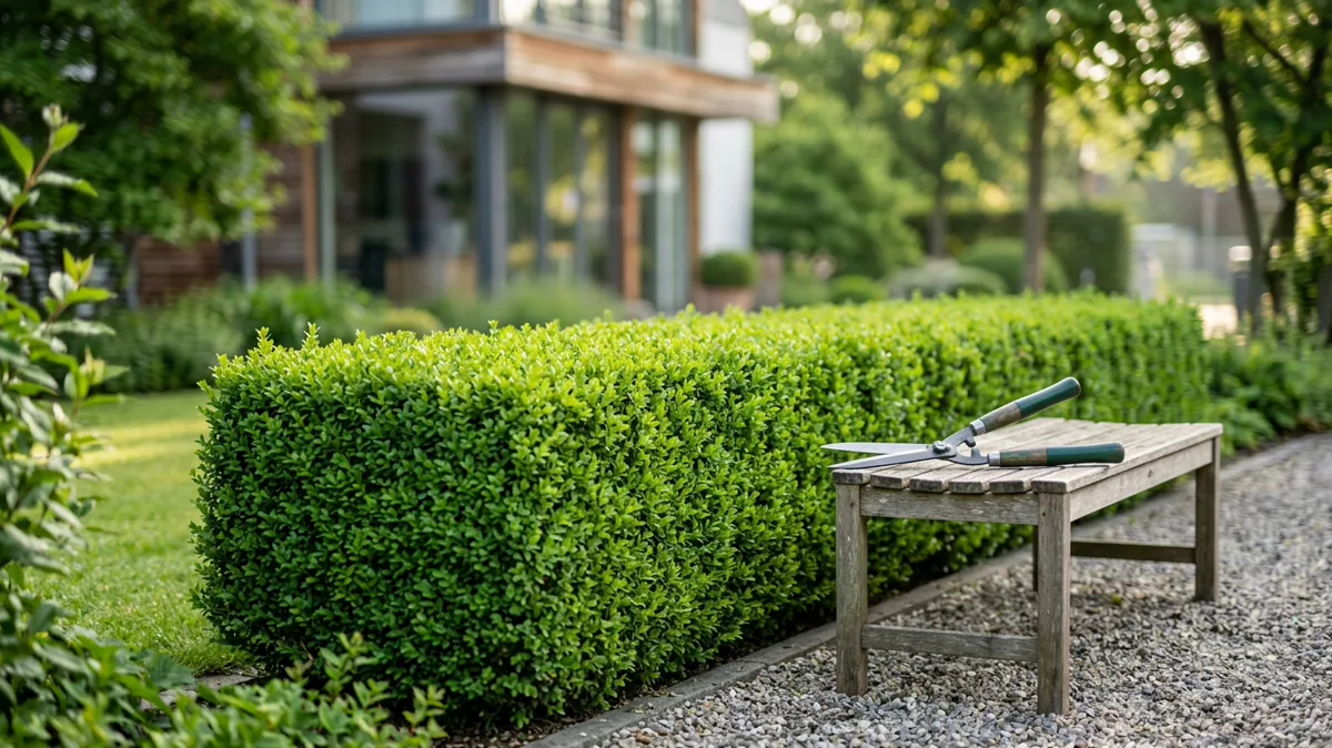 Gepflegte Hecke mit Heckenschere im Garten