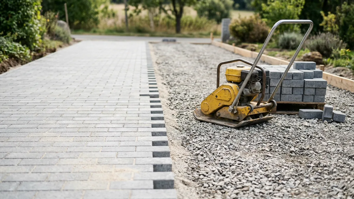 Pflasterfläche mit Schotter-Unterbau und gestapelten Pflastersteinen auf einer Baustelle